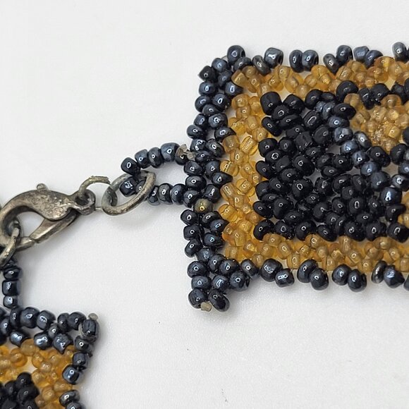 Vintage Beaded Wide Choker Gold Platinum & Black Glass Seed Beads 1" x 14.5" - Picture 5 of 11